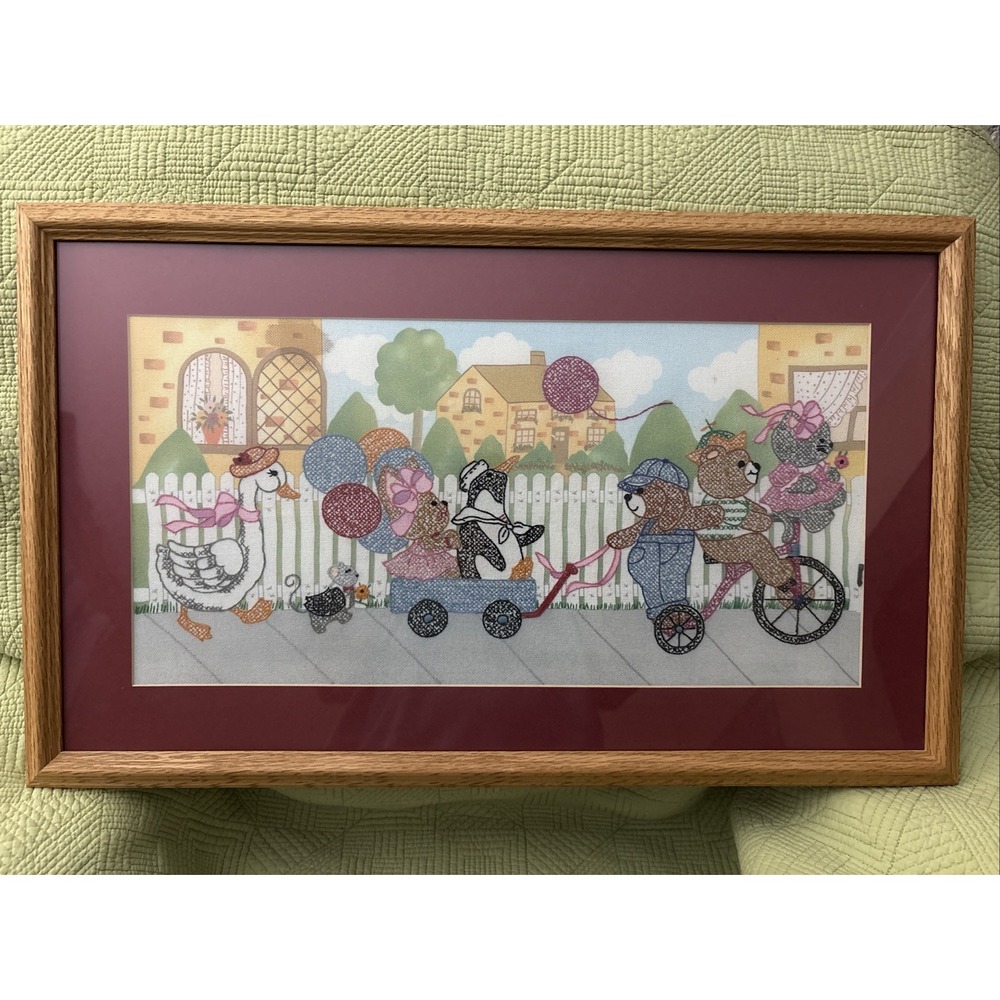 Handmade Framed Embroidered Animal Parade Nursery Wall Art 25.5x15.5 Cottagecore